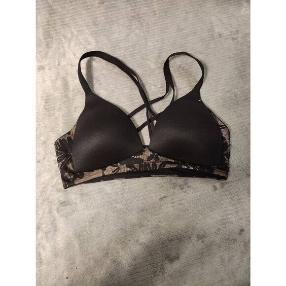 AERIE SIZE 32C Sunnie Wireless Strappy Black Beige Floral Bra - Picture 1 of 3